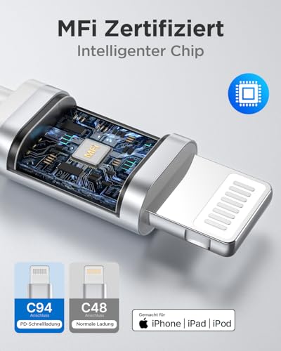 Aioneus Lightning Kabel USB C, iPhone Ladekabel 2M Apple MFi Zertifiziert USBC auf Lightning Kabel Nylon Power Delivery Schnellladekabel USB C für iPhone 14 13 12 11 Pro Max XS XR 8Plus 2