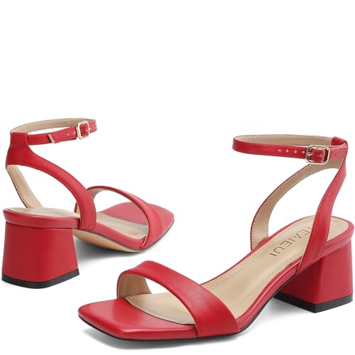 Image of TEAIEUI Block Heels for Women, Square Open Toe Heeled Sandals, Chunky Ankle Strap Shoes for Dress, Party, Prom, Low Heel 2 inch