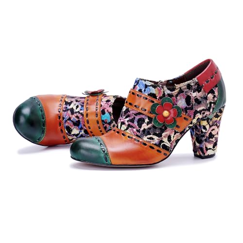 CrazycatZ Women's Leather Dressing Shoes Pumps,Colorful Block Heel Leather Dress Pumps4