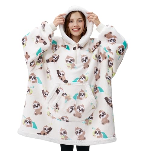 Image of Giggling Getup Wearable Blanket Hoodie for Adults Gifts for Teen Girls Sister Women Sherpa Fleece Printed Hooded Blanket Sweatshirt Warm Cozy with Pocket & Sleeves Cream Sloth