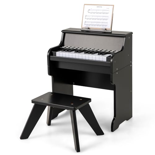 GOPLUS Set de Piano Infantil de Madera, Teclado Digital 25 Teclas con Taburete y Atril Portátil, Enseñanza Interactiva, 6 Instrumentos, 8 Percusiones, Volumen/Velocidad Ajustables, 3+ Años (Negro)