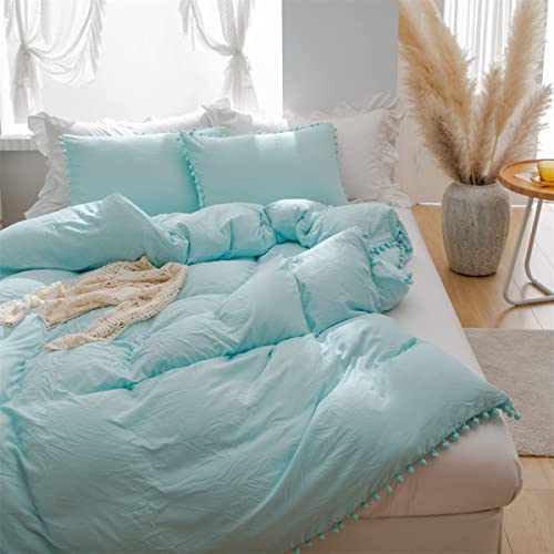Ihoustriy Kid's Duvet Cover Twin Size,100% Washed Microfiber 2Pcs Bedding Duvet Cover Set, Pom Poms Fringe Solid Color Soft And Breathable With Zipper Closure & Corner Ties (Twin, Turquoise Blue) #TOP5