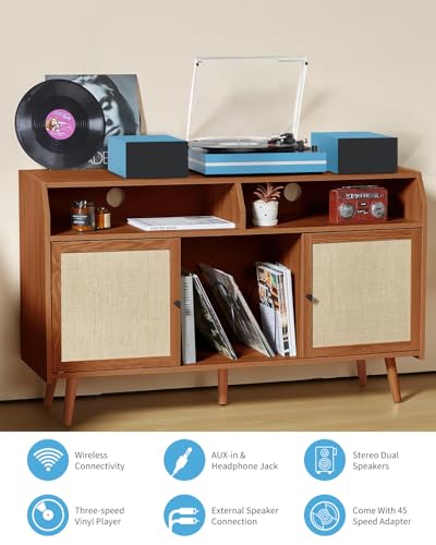Image of Record Player for Vinyl with External Speakers Belt-Drive Turntables for Vinyl Records Dual Stereo Speakers LP Vinyl Players 3 Speed Wireless AUX-in Headphone Auto Stop New Sleek Stylish Blue