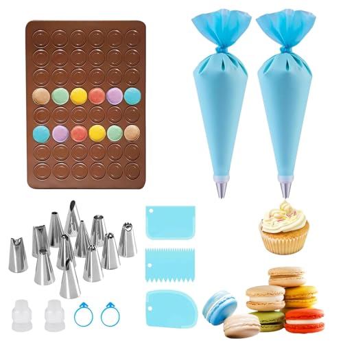 JAONLD Macaron Baking Set 48-Hole Silicone Mat 39×29 cm Reusable Baking Tray with 2 Piping Bags and 12 Stainless Steel Nozzles Easy to Clean Cake Mold for Macarons, Biscuits, Bread