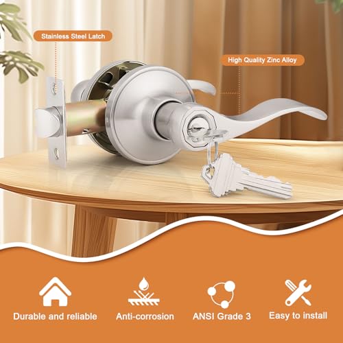 Probrico 10 Pack Keyed Alike Entry Levers, Wave Style Satin Nickel Entry Locksets, Exterior Interior Door Levers with Lock and Same Keys(for Bedroom or Office) - Image 2
