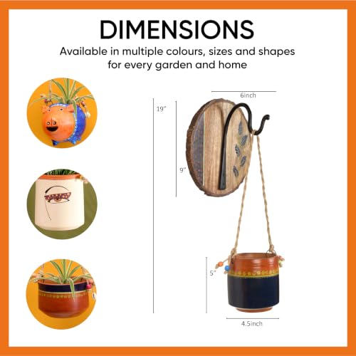 Image of AAKRITI ART CREATIONS Wall Hanging Planter with Hook | Blue & Brown Earthen Planter on Round Wooden, Modern Art, Matte Finish | Metal, Terracotta & Wood | Decorative Hanging Pot for Indoor & Outdoor
