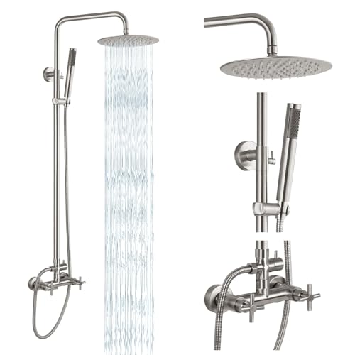 gotonovo Outdoor Shower Fixtures SUS304 Stainless Steel Rain Shower Kit Faucet High Pressure Wall Mount 2 Dual Function 8 Inch Showerhead and Handheld Spray Combo, Double Cross Handle, Brushed Nickel