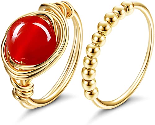 LOLIAS 2 Pièces Bague Perles Fidget Spinner pour Femmes Anneaux Bande Spinner Anneaux Fidget Ring Bague Cristal Cornaline Dorée Anneau Perlé Soulagement Empilables Anti Stress Bague Cover