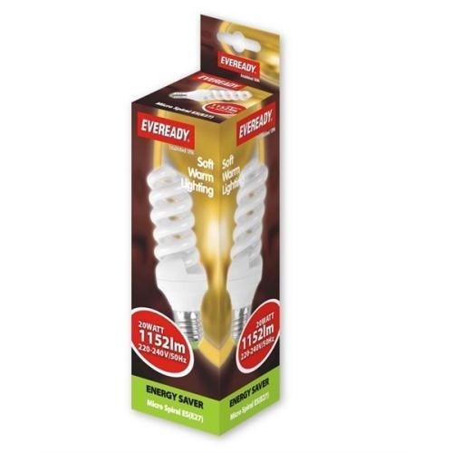 :Eveready, 20w Edison Screw Energy Saving Micro Spiral Soft Lite * BOX OF 4 *