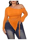RoseSeek Women's Plus Size Sheer Mesh Off Shoulder Tops Long Sleeve Drawstring Asymmetrical Hem Ruched T Shirt Orange 3X-Large Plus