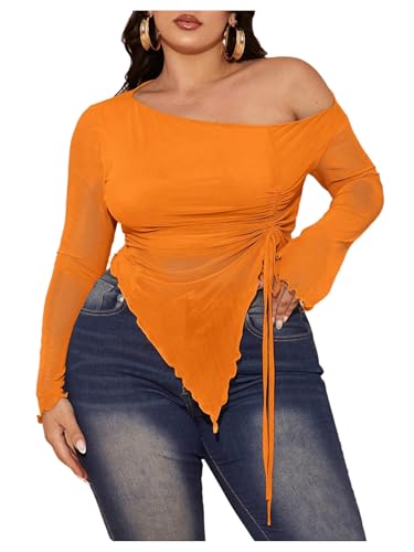 RoseSeek Women's Plus Size Sheer Mesh Off Shoulder Tops Long Sleeve Drawstring Asymmetrical Hem Ruched T Shirt Orange 3X-Large Plus