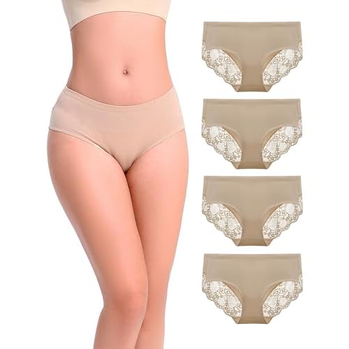Women's 4 Pack Cotton Briefs Mid Rise Panty Pretty Lace Back Full Coverage Underwear Nude Small