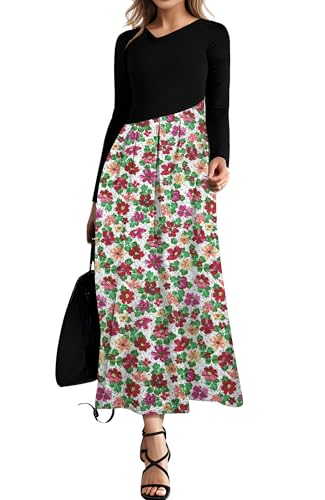 SAUKOLE Fall Winter Dresses for Women Casual Long Sleeve V Neck Patchwork Dress 2025 Fashion A Line Maxi Dress