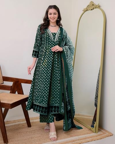 Image of ANNI Designer Women's Pure Cotton Anarkali Kurta Set for Women with Dupatta & Plazzo - Hand Block Print Suit Set | Stylish Dress | Cotton Kurta Set for Women