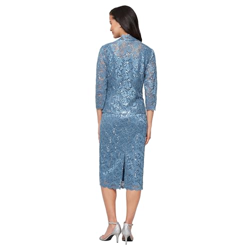 Image of S.L. Fashions Women's Tea Length Sequin Lace Mother of The Bride Dress with Illusion Sleeve Jacket