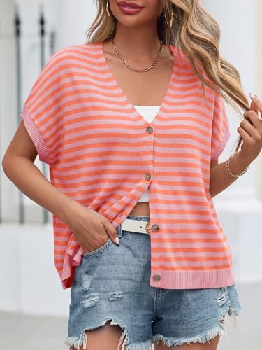 Image of Saodimallsu Womens Summer Oversized Cardigans Batwing Short Sleeve Lightweight Button V Neck Casual Knit Sweater Tops