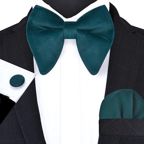 Image of GUSLESON Mens Solid Plaid Velvet Pre-tied Adjustable Bow Tie and Pocket Square Cufflink Set with Gift Box