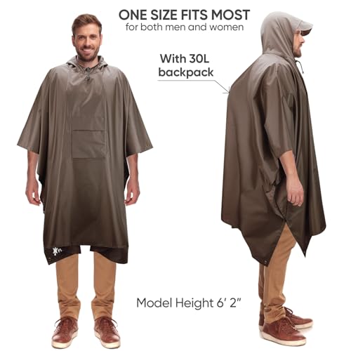 Image of PTEROMY Reusable Rain Poncho, Waterproof Lightweight Unisex Hooded Raincoat for Outdoor Hiking Camping Fishing, Brown, One Size