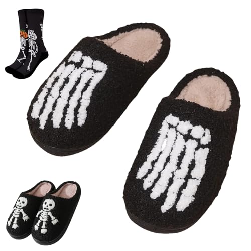 Halloween Skeleton Slippers and Socks for Women Men Skull Spooky Holiday Soft Indoor Non-slip Fur Plush Cartoon Gift