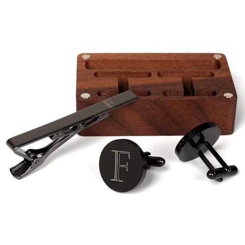 Image of Mens Initial Cufflinks and Tie Clip A-Z Alphabet Letter Black Stainless Cuff Links Tie Bar with Engraved Walnut Wood Box Groom Groomsman Wedding Set