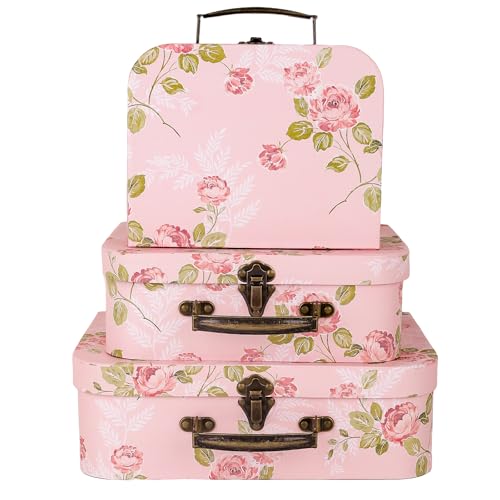 Dloulqz Paperboard Suitcases Set of 3 Decorative Storage Boxes With Lids,Gift Boxes Compatible with Presents,Photos,Toys,Wedding,Birthday,Anniversary,Vintage Suitcases Home Decoration (Pink)