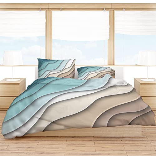 Queen Duvet Cover Set - Teal Ombre 4 Pcs Comforter Cover Set, Modern Geometric Brown Bedding Sets With Zipper Closure, Abstract Art Aesthetic Microfiber Bed Sheet Soft Quilt Cover With 2 Pillow Shams #TOP2