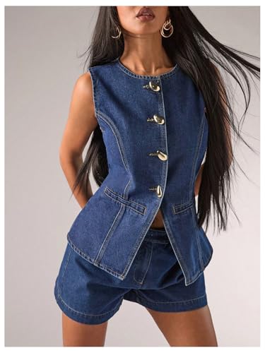 WDIRARA Women's Button Down Denim Vest Sleeveless Tank Top Jean Waistcoat with Metal Buckle4