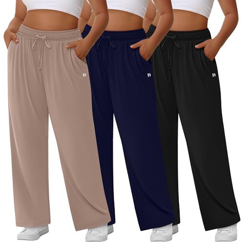 Neer 3 Pack Women's Plus Size Pants, Wide Leg Lounge Loose Sweatpants High Waist Drawstring Cotton Yoga Pants with Pockets