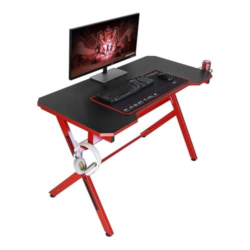 JJS 48" Home Office Gaming Computer Desk, R Shaped Large Gamer Workstation PC Table with Cup Holder Headphone Hook FREE Mouse pad, Black/Red