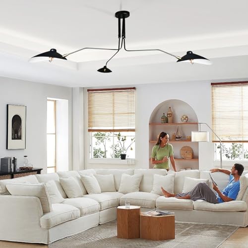 63 Mid-Century Modern Chandelier, Matt Black Adjustable 3-Arms Large Pendant Lighting Fixture for Bedroom Dining Room Living Room Kitchen Island 3-Light