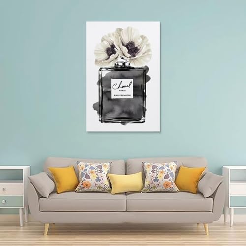 Image of BanLaArt Fashion Perfume Bottle Black With Grey & White Poppy Canvas Print Poster Decorative Painting Canvas Wall Art Picture Print Modern Family Bedroom Decor 12x18inch(30x45cm)