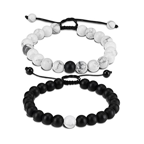 Distance Bracelet Enjoit Black Matte Agate & White Howlite Energy Stone Beads Bracelet Set Couple Jewelry (Black 2 Braided)