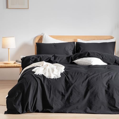 Image of BESTOUCH Cotton Solid Duvet Cover Set Linen Feel Deep Black Oversized Full | 100% Washed Cotton, Soft Wrinkle Texture, Hidden Zipper, 8 Ties, Breathable Lightweight Durable Comfy, 3 Pcs No Insert