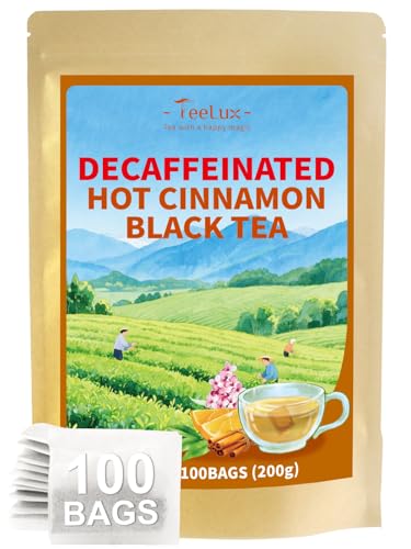 Image of TeeLux Decaf Hot Cinnamon Black Tea, Decaffeinated Black Tea with Cinnamon, Clove, Spicy & Sweet Flavor, 100 Count