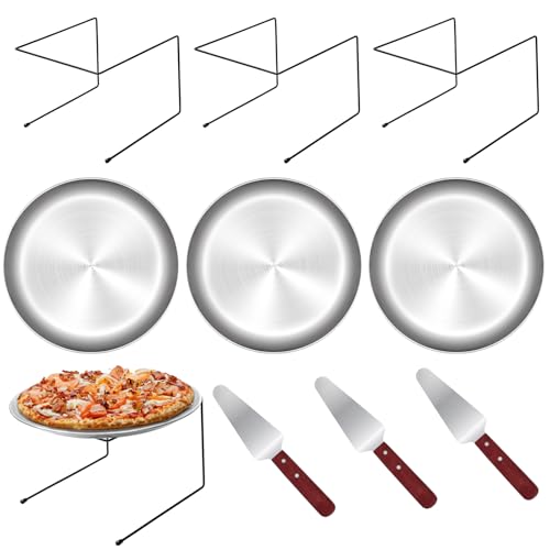 9 Pieces Pizza Pan Riser Stands Sets with 3 Metal Pizza Table Stands 3 Pizza Pans and 3 Wood Handle Pie Server Pizza Serving Tray Display Stands for Pizza Party Dessert Cheese Baking (9 PCS) by PLUVAVA - Used condition - US$21.53