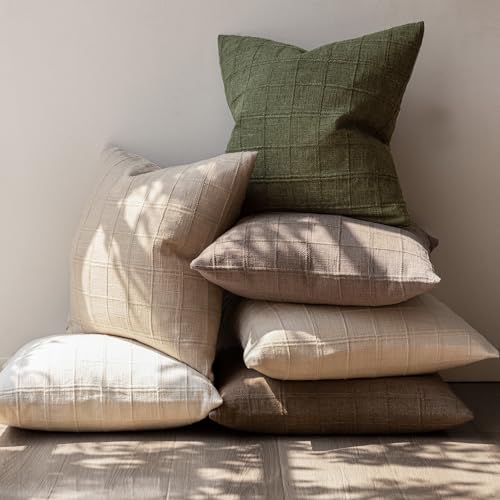 Image of Foindtower Set of 1 Decorative Linen Check Throw Pillow Cover Neutral Farmhouse Vintage Cushion Cover Modern Boho Home Decor for Sofa Chair Couch Bedroom Living Room,26x26 Inch,Olive Green
