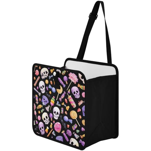 Image of Car Trash Can Organizer Bin with Adjustable Strap for Back Front Seat Console Waterproof Leakproof Collapsible Portable 11 Inch Halloween Skulls Lollipops Candies