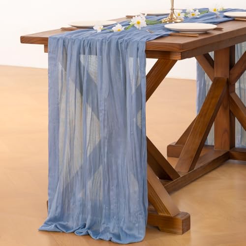 Image of Socomi 2pcs Dusty Blue Easter Spring Cheesecloth Table Runner Boho Rustic Gauze 120 inch 10FT Cheese Cloth Runner for Wedding Party Baby Shower Birthday Home Decor Holiday Decorations