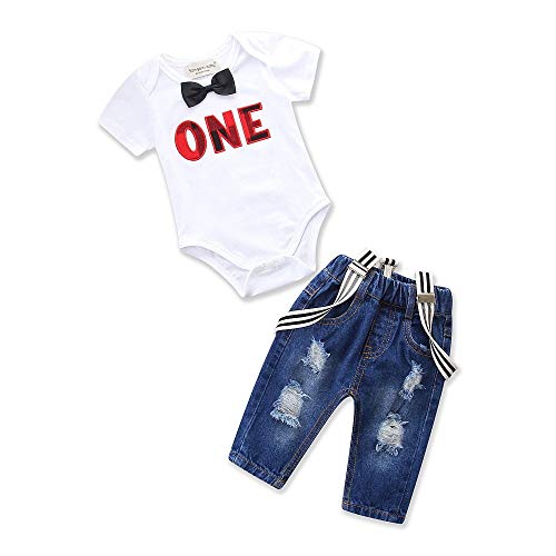 Toddler Baby Boy Clothes Set Bowtie Romper + Suspenders Ripped Denim Pants Outfits Suits (White, 12-18 Months)