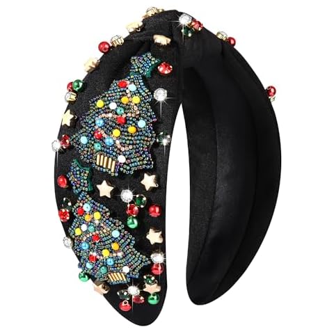 vokone Christmas Headbands for Women Beaded Christmas Tree Headband Star Crystal Jeweled Christmas Knotted Headband Holiday Party Headwear Accessories Gifts (Beaded Christmas Tree) Cover