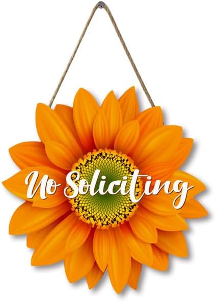 Cartel divertido de No Soliciting para la casa, letrero de girasol de madera, letrero de agradecimiento con texto en inglés "No Soliciting Thank