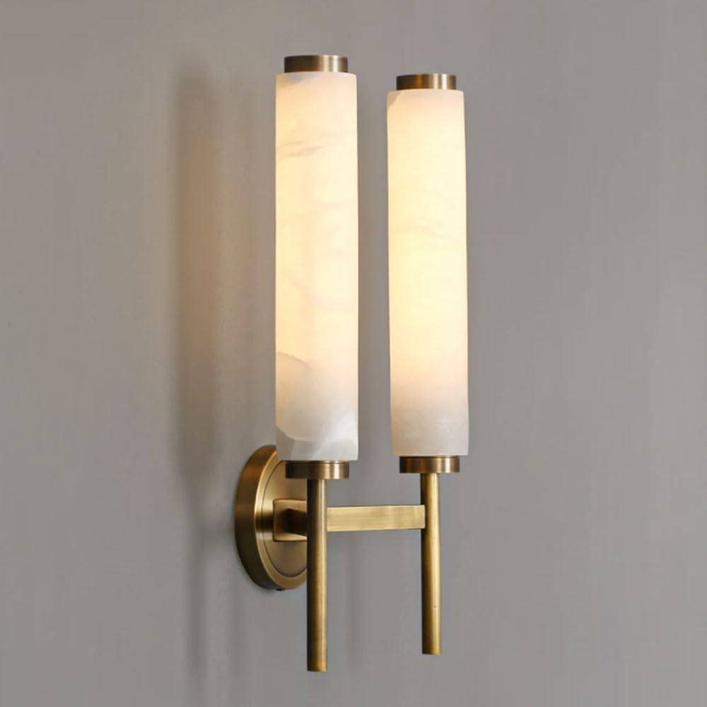 LANTANB Natural Alabaster 2-Light Walls Sconce, Nordic Industrial Marble Wall Light, LED Warm Light Indoor Wall Lamp, Bedroom Corridor Dining Room Decorative Lighting Fixtures
