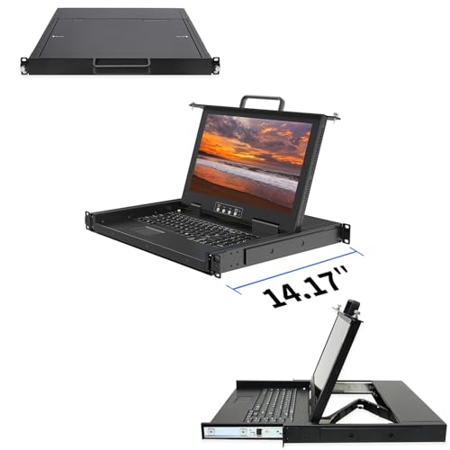Image of 1U Rack Mount KVM Console- 15.6 inch 1080P Rackmount Monitor+ Single Port HDMI KVM + Keyboard+ Touchpad, Short Depth 14.17 inch, Fits 19 inch Wide Network Cabinet, Incl. 1 USB HDMI Cable,1 Power Cord, 2 Brackets