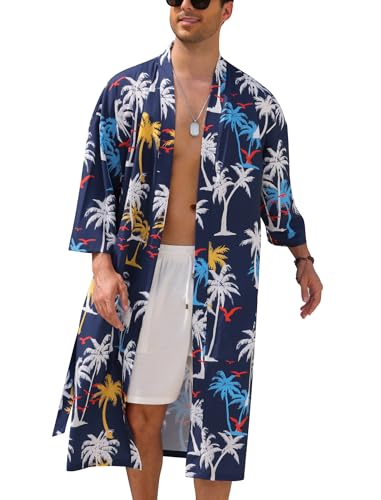 ODIZLI Men's Kimono Robe Tropical Print Long Sleeve Open Front Robe with Belt Japanese Bathrobe Nightgown for Beach Vacation