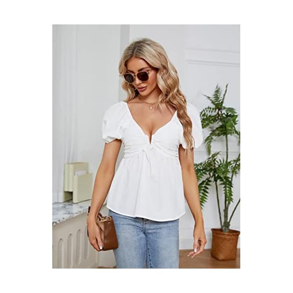 Blooming-Jelly-Womens-Cute-Tops-Peplum-Puff-Sleeve-Going-Out-V-Neck-Sexy-Tops-Backless-Ruffle-Hem-V-Wire-Zip-Blouse Blooming Jelly Womens Cute Tops Peplum Backless Puff Sleeve Trendy Blouses Ruffle Hem V Neck Sexy Tops (Small, White)