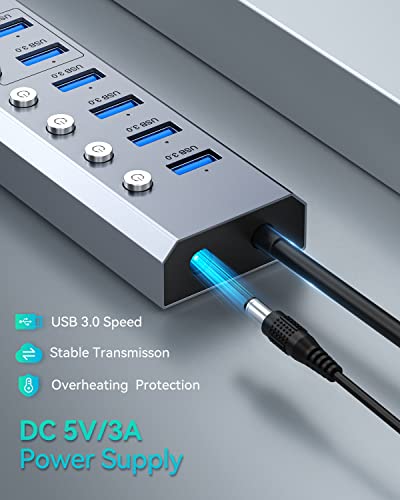 Powered-USB-30-Hub-Elecife-8-Port-Powered-USB-Hub-Aluminum-USB-Splitter-with-6-USB-30-Data-Ports-SDTF-Card-Readers-Individual-OnOff-Power-Switches-and-5V3A-Power-Adapter-for-PC-and-Laptops