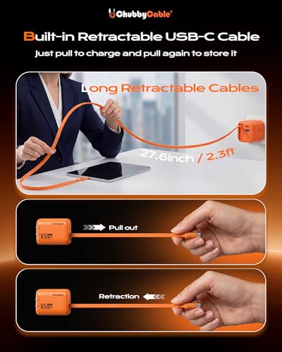 Image of ChubbyCable ChubbyCharge MagCore 65W GaN Wall Charger with Built-in Retractable Magnetic Cable, USB C Fast Charging Block Compatible with iPhone 17 /16 /15, Pad, Galaxy, Pixel