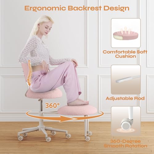 Image of Pinmoco Ergonomic Cross Legged Office Chair with Wheels, ADHD Chair for Adults, Meditation Chair, Yoga Office Chair, Comfortable Back Support, Height Adjustable,Small Spaces, Teddy Fabric, Pink
