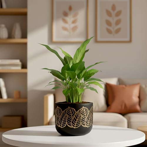 Image of Urban Plant Dark Shilp Virasat Terracotta Pot with Drainage Hole (5 Inch) | Hand-Painted Black & Gold Leaf Design Clay Planter | Indoor Decorative Plant Pot for Tabletop, Living Room & Gifting