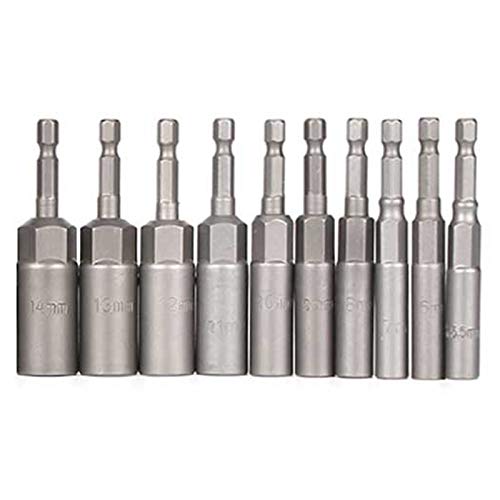 bit de Set de Taladro 10pcs 1/4 Pulgada Llave hexedos hebs de bits de bits de Largo de Largo 1/2 Pulgada de Impacto Adaptador de Taladro de Taladro 6-15mm Talvo Adaptador de Collet